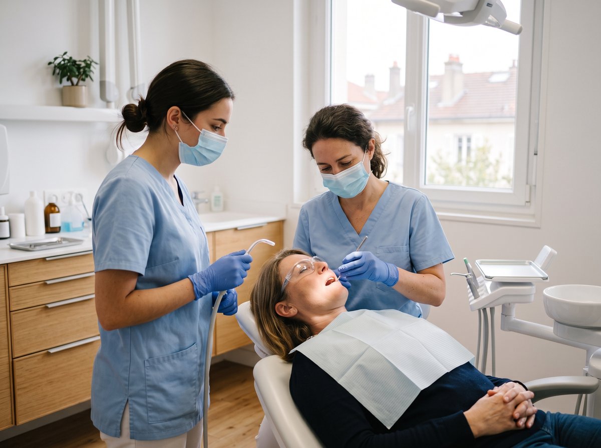 Dentiste et assistante au fauteuil, avec une patiente.