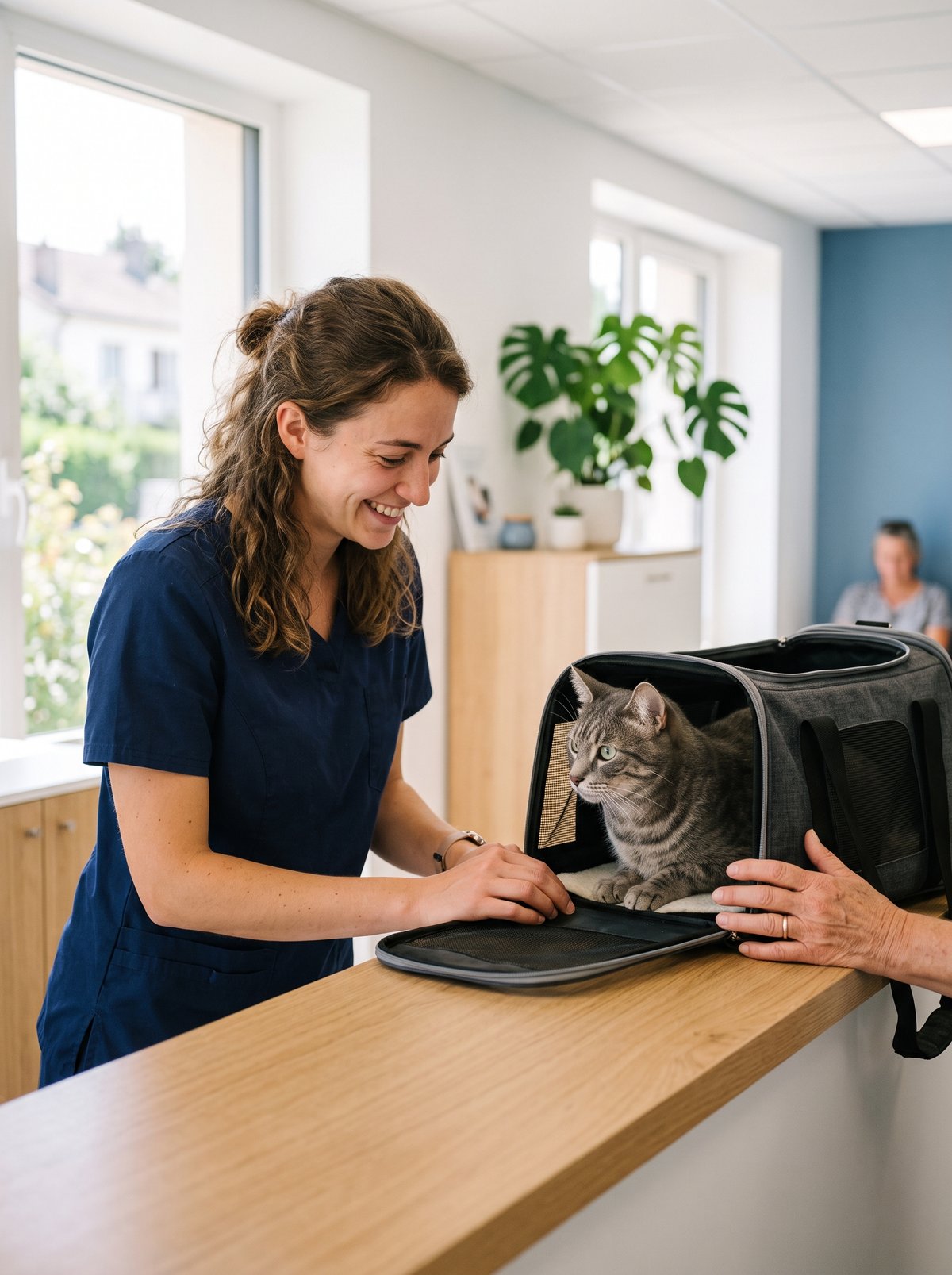À l'accueil d'une clinique vétérinaire, une assistante sourit à un chat installé dans sa caisse de transport, posée sur le comptoir.